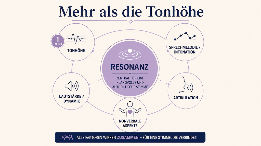 Infografik zeigt, dass zu einer stimmigen Stimme neben der Tonhöhe vor allem Resonanz, Sprechmelodie, Artikulation und nonverbale Aspekte gehören (KI-generiert)