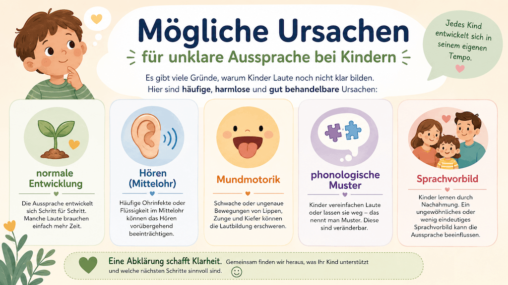 Infografik zeigt mögliche Ursachen für undeutliches Sprechen bei Kindern, darunter normale Entwicklung, Hören und Aussprachethemen (KI-generiert)