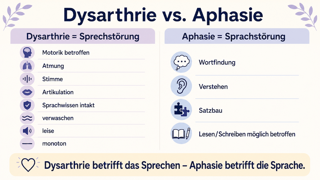 Infografik unterscheidet die Dysarthrie als Sprechstörung von der Aphasie als Sprachstörung (KI-generiert)