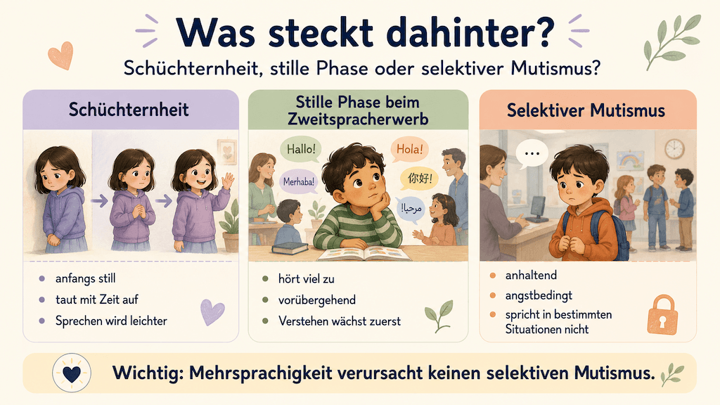 Infografik zeigt den druckfreien Umgang bei selektivem Mutismus: nicht drängen, sondern Zeit geben und alle Kommunikationswege zulassen (KI-generiert)