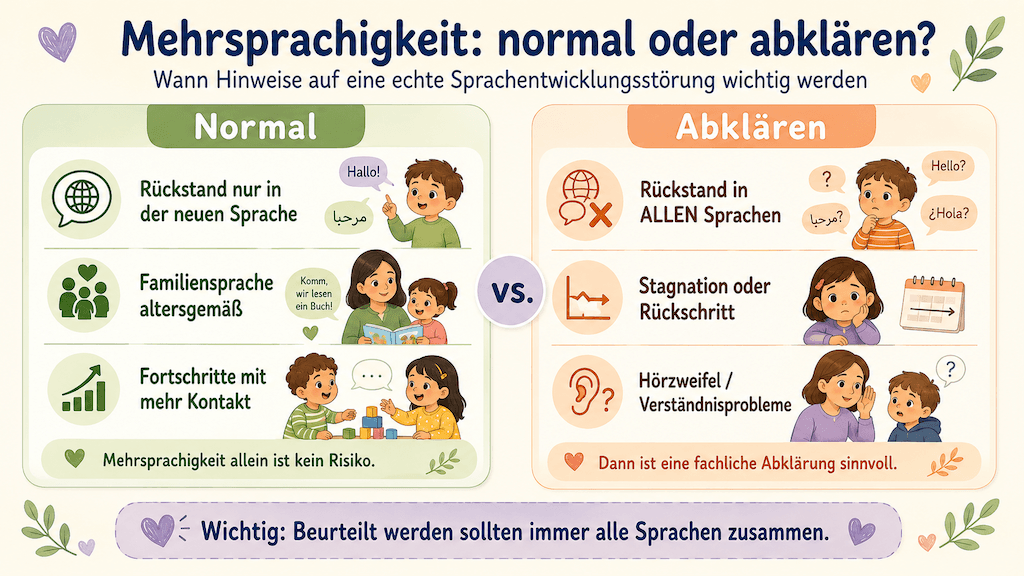 Infografik vergleicht normale Mehrsprachigkeit mit Anzeichen, die eine Abklärung nahelegen, etwa Rückstand in allen Sprachen oder Stagnation (KI-generiert)