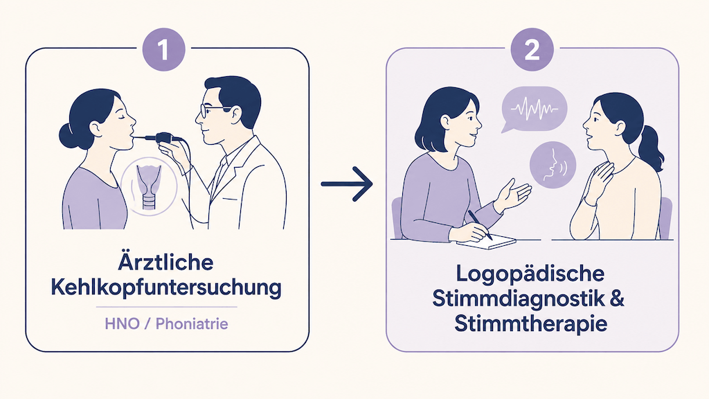 Ablaufgrafik zeigt den Weg von der ärztlichen Kehlkopfuntersuchung zur logopädischen Stimmtherapie (KI-generiert)