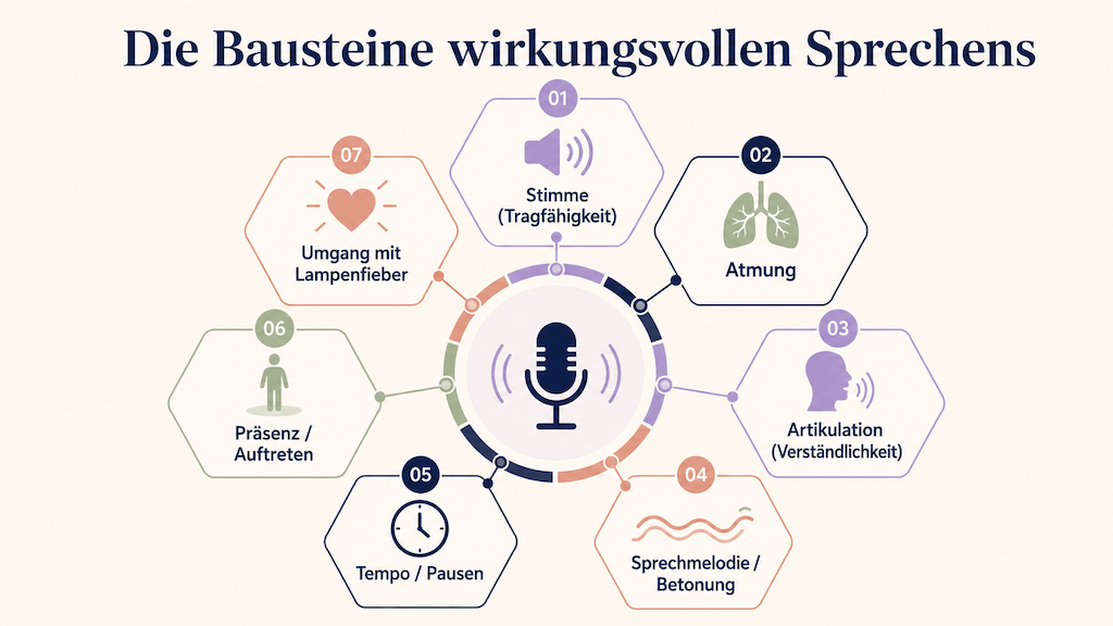 Infografik zeigt die Bausteine wirkungsvollen Sprechens von Stimme und Atmung über Artikulation bis zu Präsenz und Umgang mit Lampenfieber (KI-generiert)