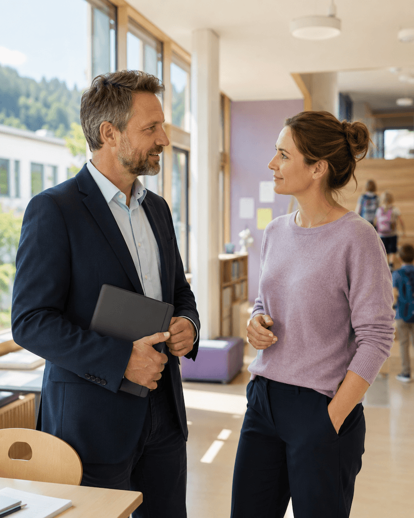 Schulleitung und Lehrperson im partnerschaftlichen Gespräch über zusätzliche Logopädie-Kapazität an einer Schweizer Schule (KI-generiert)
