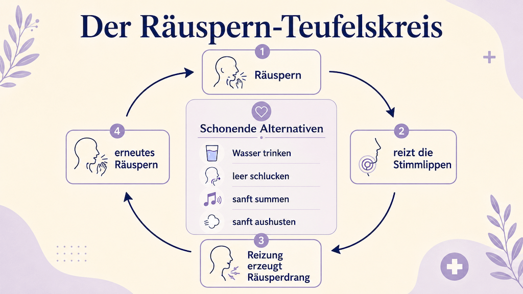 Infografik zeigt den Räuspern-Teufelskreis und schonende Alternativen zum harten Räuspern (KI-generiert)