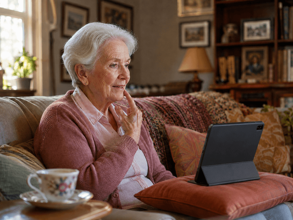 Ältere Frau mit Tablet auf dem Sofa