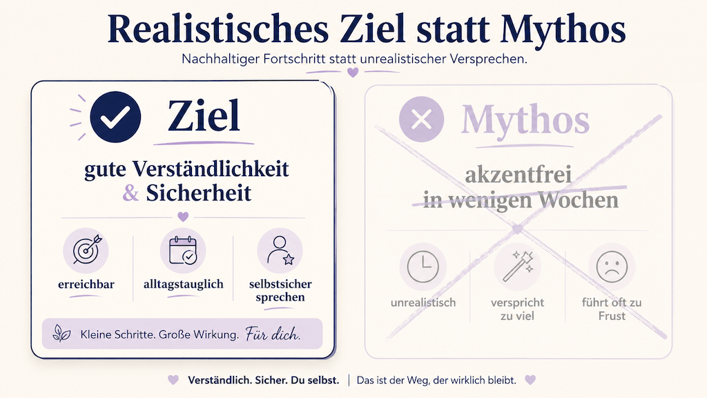 Grafik stellt das realistische Ziel guter Verständlichkeit dem Mythos des akzentfreien Sprechens gegenüber (KI-generiert)