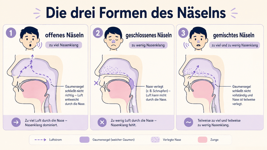 Infografik unterscheidet offenes, geschlossenes und gemischtes Näseln anhand der Funktion des Gaumensegels (KI-generiert)