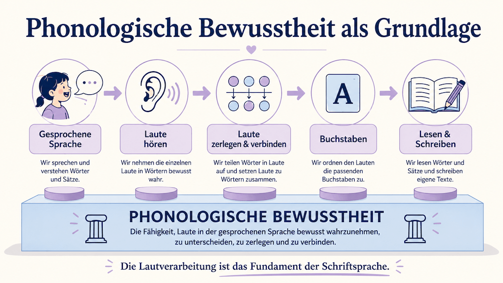 Infografik zeigt die phonologische Bewusstheit als Grundlage für Lesen und Schreiben (KI-generiert)