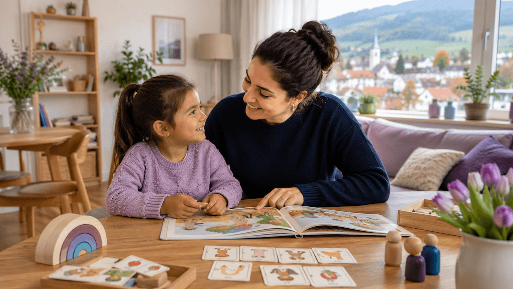 Mehrsprachiges Kind aus Sursee fördert die Sprache gemeinsam mit einem Elternteil zu Hause (KI-generiert)