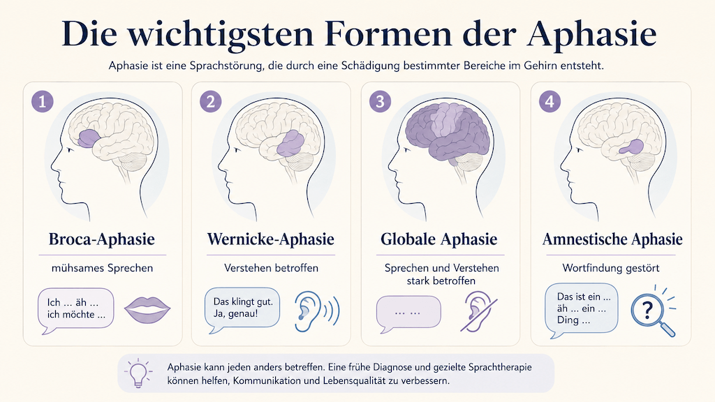 Übersichtsgrafik der Aphasie-Formen von der Broca- bis zur amnestischen Aphasie mit angedeuteten Hirnregionen (KI-generiert)