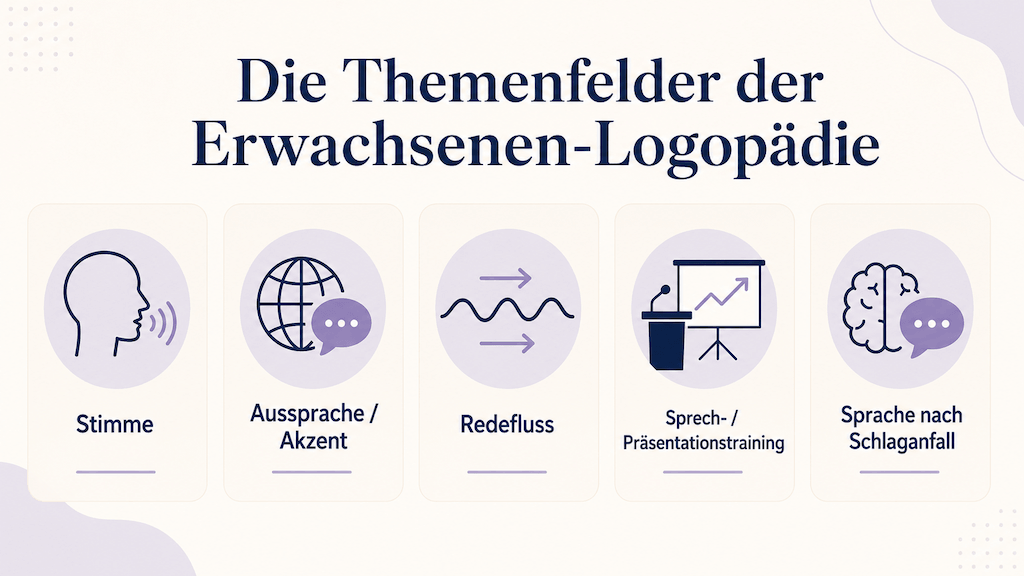Übersichtsgrafik der Themenfelder der Logopädie für Erwachsene von Stimme bis Sprache nach Schlaganfall (KI-generiert)