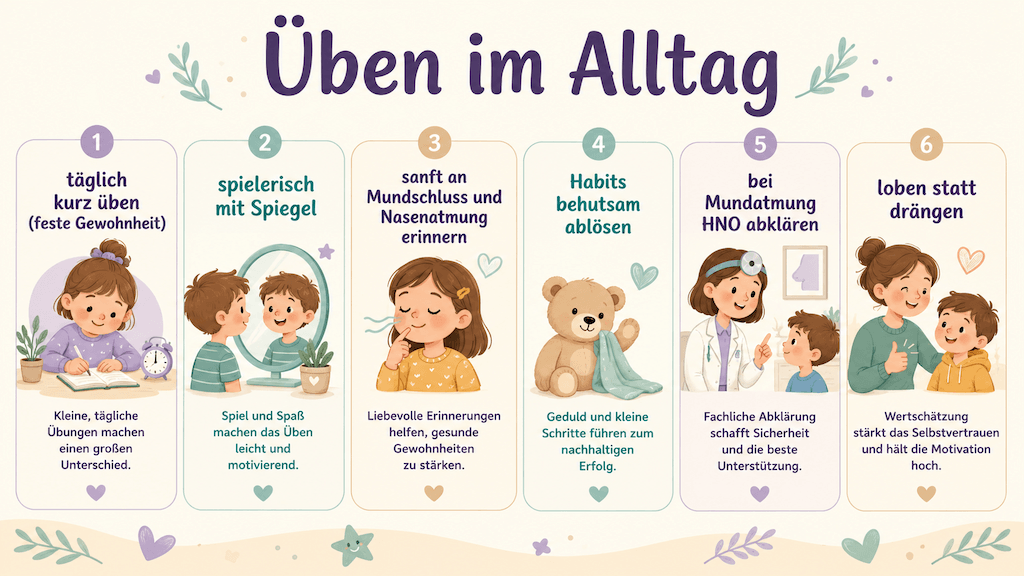 Infografik zeigt, wie Eltern die myofunktionelle Therapie im Alltag unterstützen, etwa durch tägliches kurzes Üben und sanfte Erinnerung an die Nasenatmung (KI-generiert)