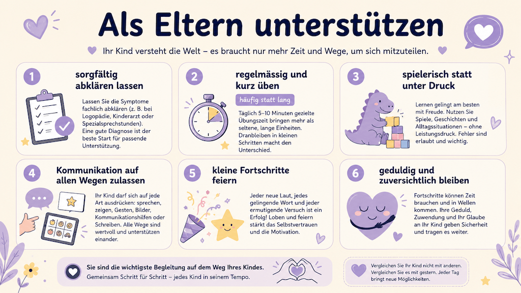 Infografik zeigt Eltern-Leitlinien bei verbaler Entwicklungsdyspraxie, etwa häufig und kurz üben, spielerisch statt unter Druck und kleine Fortschritte feiern (KI-generiert)
