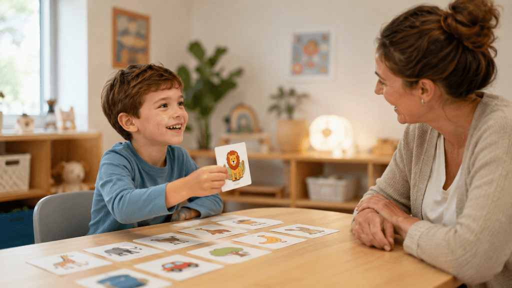 Kind benennt fröhlich Bildkarten in einer spielerischen Abklärung der Aussprache, zugewandt begleitet (KI-generiert)