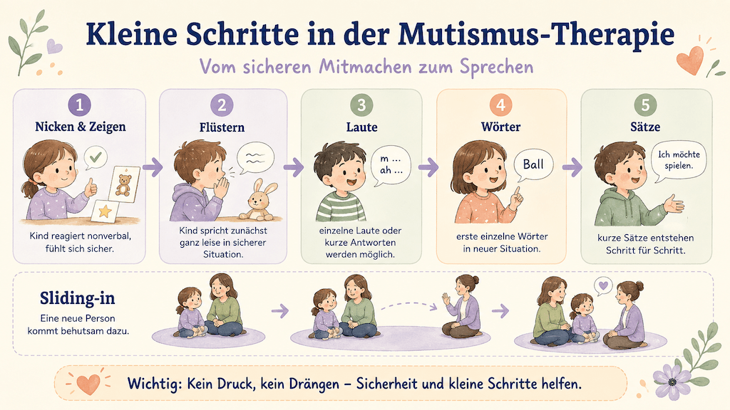 Infografik zeigt die kleinen Schritte in der Mutismus-Therapie von Nicken und Zeigen über Flüstern und Laute bis zu Wörtern und Sätzen sowie das Sliding-in (KI-generiert)