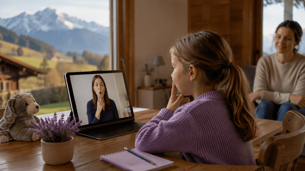 Person in einer ländlichen Schweizer Region nimmt zu Hause an einer Online-Logopädie-Sitzung teil (KI-generiert)