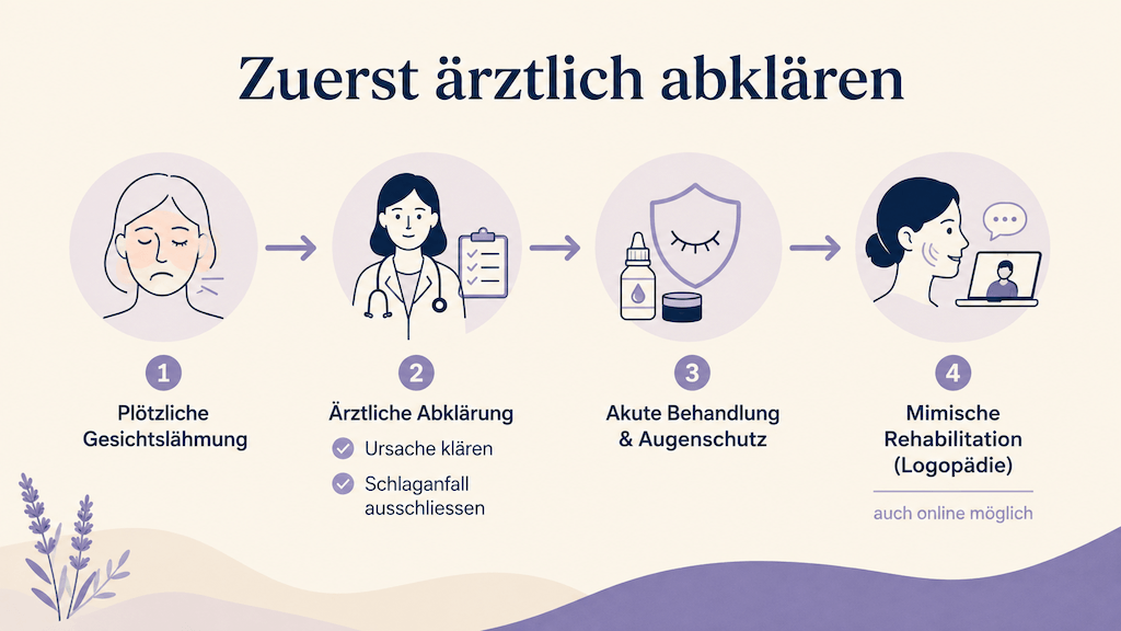 Ablaufgrafik zeigt den Weg von der ärztlichen Abklärung der Gesichtslähmung über den Augenschutz bis zur mimischen Rehabilitation (KI-generiert)