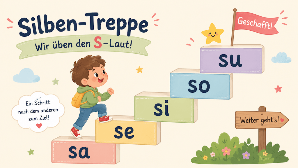 Illustrierte Silben-Treppe zum stufenweisen Üben des S-Lauts (KI-generiert)