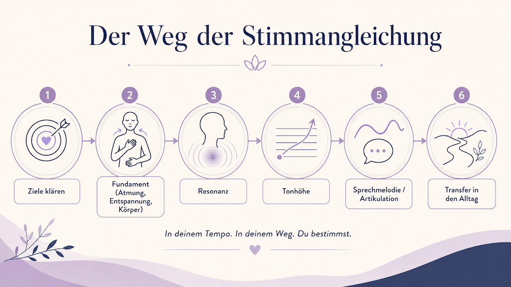 Ablaufgrafik zeigt den Weg der geschlechtsangleichenden Stimmtherapie von der Zielklärung über Resonanz und Tonhöhe bis zum Transfer in den Alltag (KI-generiert)