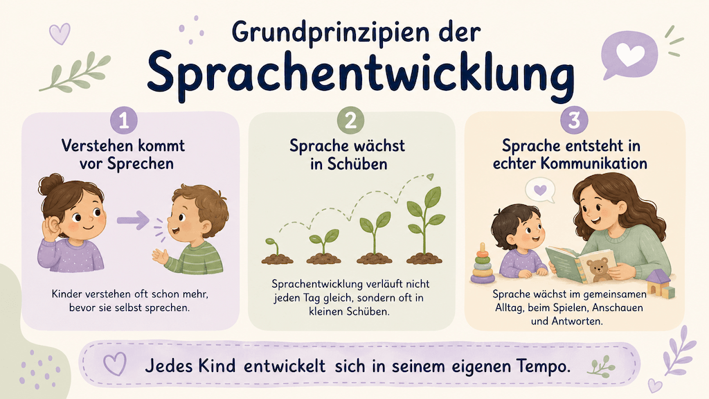 Infografik zeigt die Grundprinzipien der Sprachentwicklung: Verstehen vor Sprechen, Wachstum in Schüben, Sprache in echter Kommunikation (KI-generiert)
