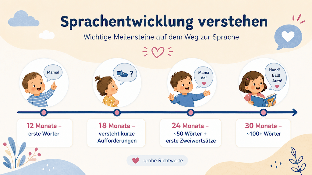 Zeitstrahl der frühen Sprachentwicklung mit Meilensteinen von 12 bis 30 Monaten (KI-generiert)