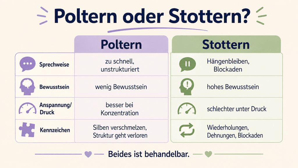 Vergleichsgrafik zeigt die Unterschiede zwischen Poltern (zu schnell, unstrukturiert) und Stottern (Blockaden, Anspannung) (KI-generiert)
