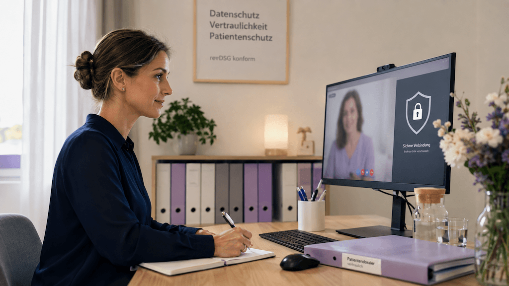 Sinnbild für den geschützten, revDSG-konformen Umgang mit besonders schützenswerten Gesundheitsdaten in der Online-Logopädie (KI-generiert)