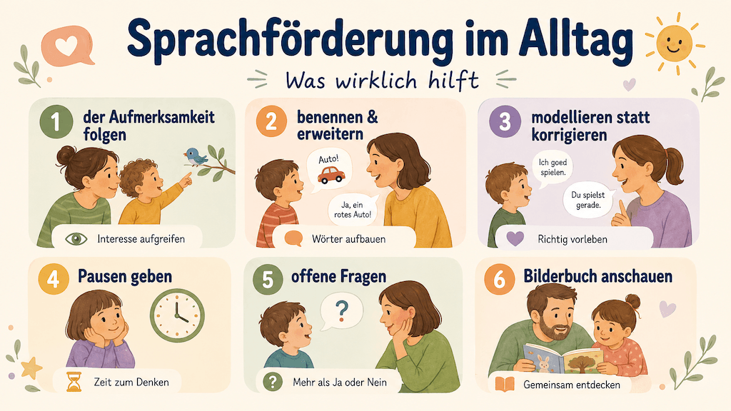 Infografik zeigt wirksame Strategien der Sprachförderung: der Aufmerksamkeit folgen, benennen und erweitern, modellieren statt korrigieren, Pausen geben und Bilderbuch anschauen (KI-generiert)