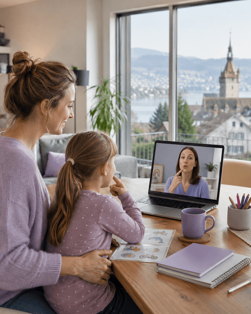 Person aus Zug nimmt zu Hause an einer Online-Logopädie teil, per Laptop und Videoverbindung mit Blick auf den Zugersee (KI-generiert)