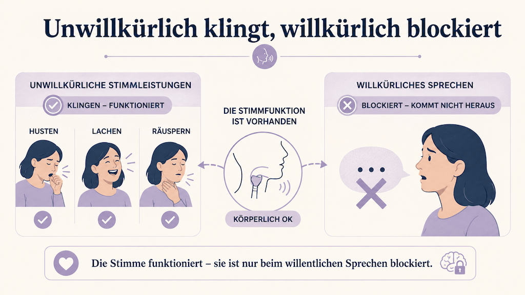 Infografik zeigt, dass bei der psychogenen Stimmstörung unwillkürliche Laute wie Husten und Lachen klingen, während das willkürliche Sprechen blockiert ist (KI-generiert)