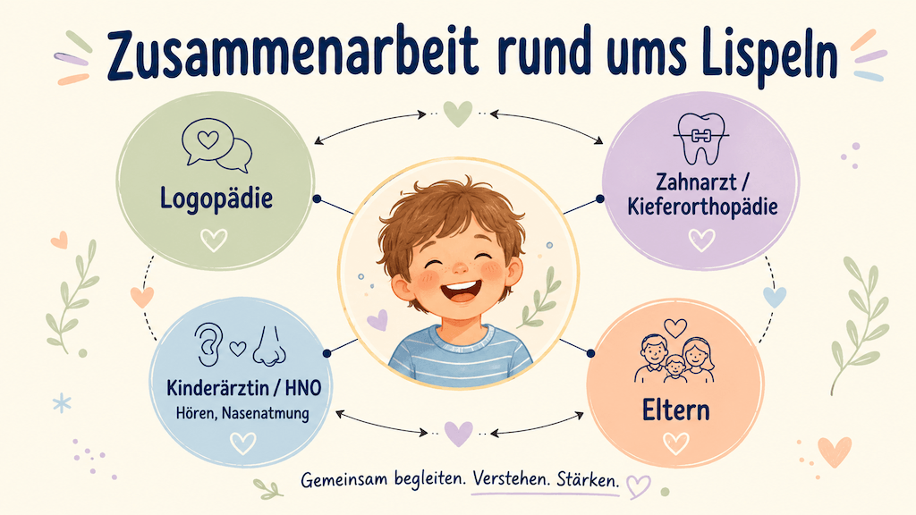 Infografik zur Zusammenarbeit rund ums Lispeln zwischen Logopädie, Zahnarzt beziehungsweise Kieferorthopädie, Kinderärztin beziehungsweise HNO und Eltern (KI-generiert)