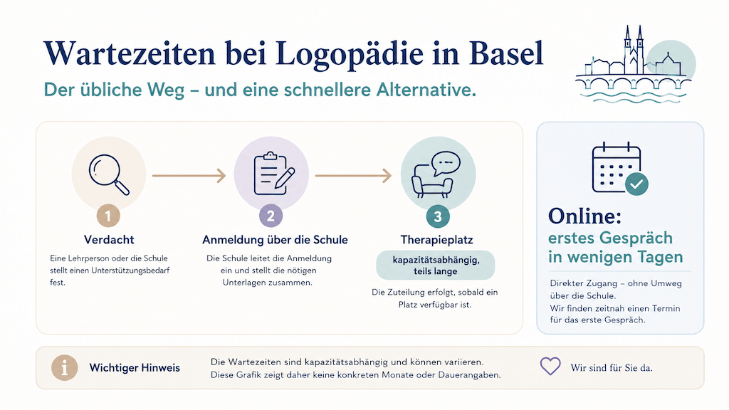 Infografik zeigt den Weg zu einem Logopädie-Platz in Basel im Vergleich zum sofortigen Online-Start (KI-generiert)