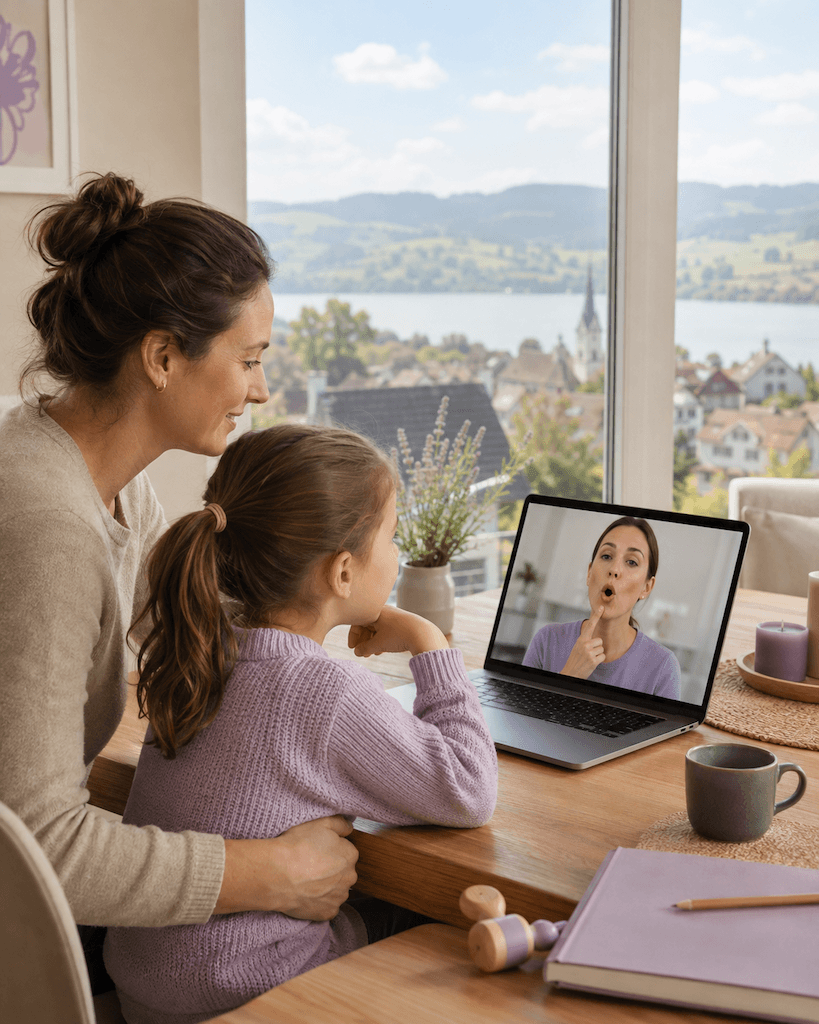 Person aus Sursee nimmt zu Hause an einer Online-Logopädie teil, per Laptop und Videoverbindung (KI-generiert)