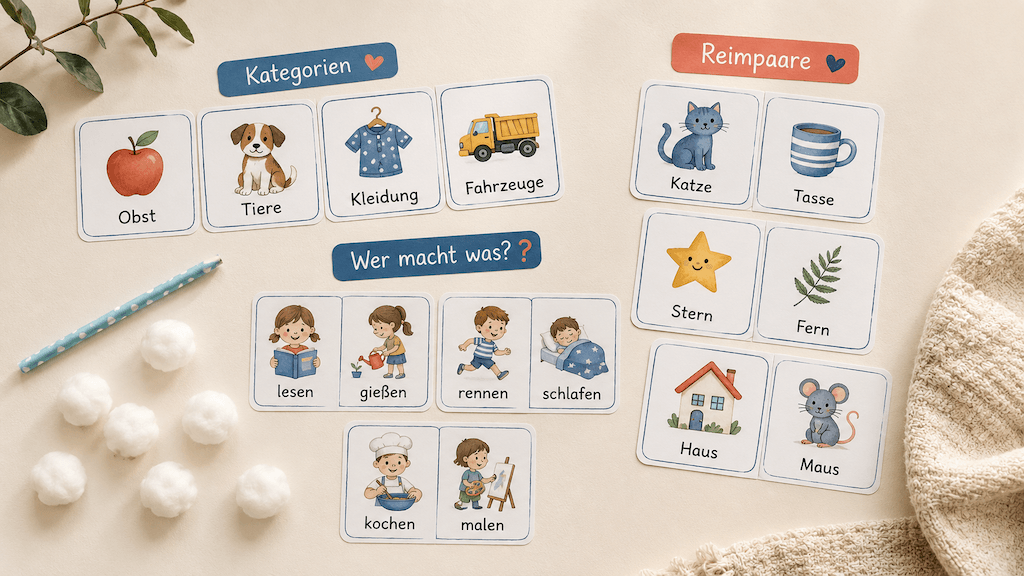 Selbst gemachte Bild- und Spielkarten für Sprachspiele mit Kindern zum Ausdrucken (KI-generiert)
