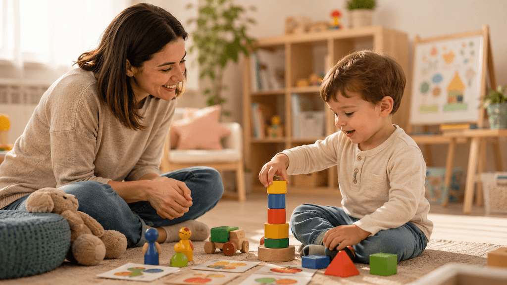 Mutter spielt zugewandt mit ihrem Kleinkind auf dem Boden und begleitet das gemeinsame Bauen sprachlich (KI-generiert)