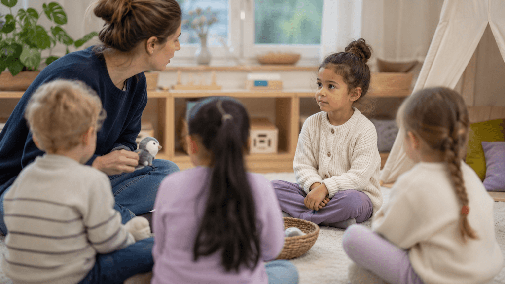 Mehrsprachiges Kind hört in einer neuen Sprachumgebung aufmerksam zu (KI-generiert)