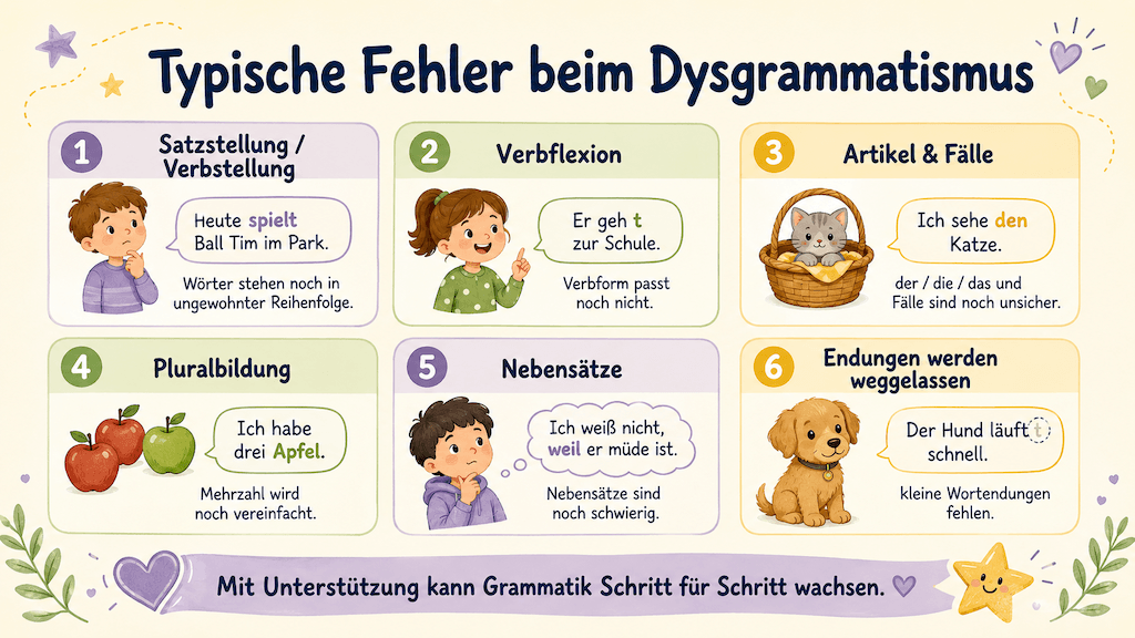 Infografik zeigt typische Fehlerarten beim Dysgrammatismus: Satzstellung, Verbbeugung, Artikel und Zeitformen (KI-generiert)