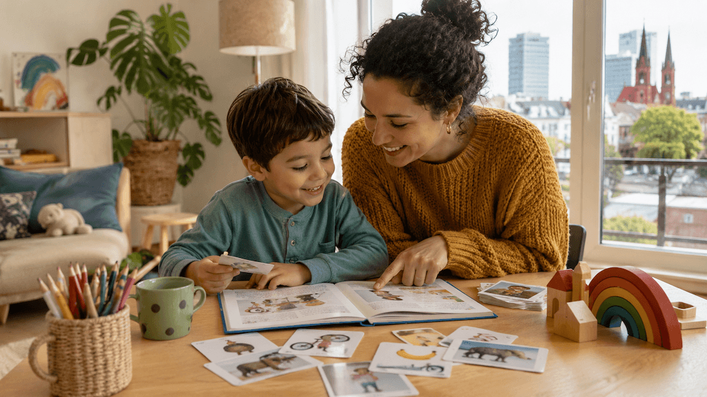 Mehrsprachiges Kind aus Basel fördert die Sprache gemeinsam mit einem Elternteil zu Hause (KI-generiert)