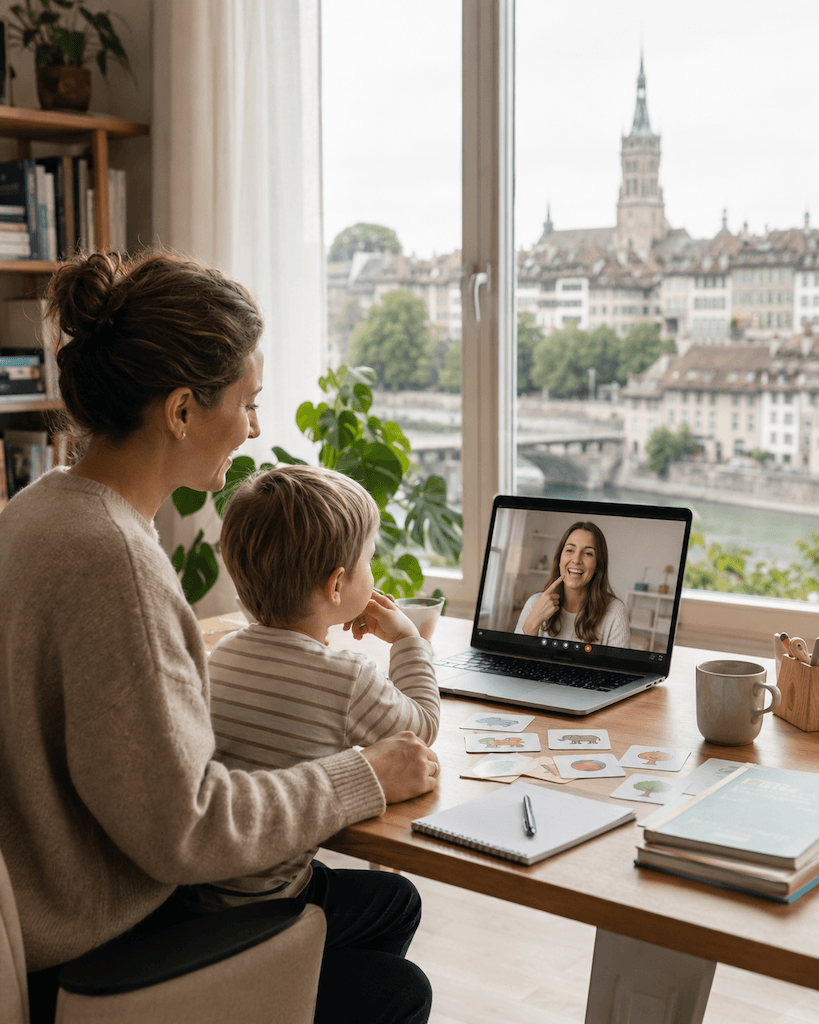 Person aus Bern nimmt zu Hause an einer Online-Logopädie teil, per Laptop und Videoverbindung (KI-generiert)