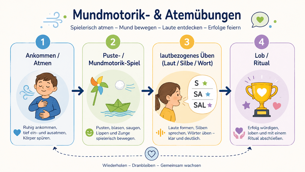 Ablauf einer Übungseinheit von Ankommen und Atmen über das Puste-Spiel zum lautbezogenen Üben und zum Lob (KI-generiert)