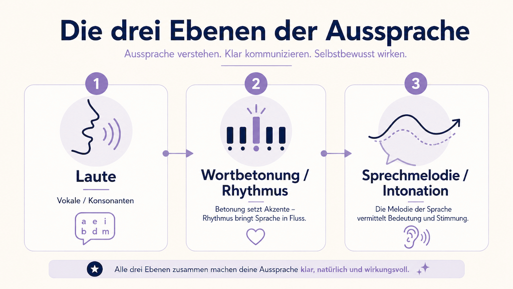 Infografik der drei Ebenen der Aussprache von einzelnen Lauten über Rhythmus bis zur Sprechmelodie (KI-generiert)