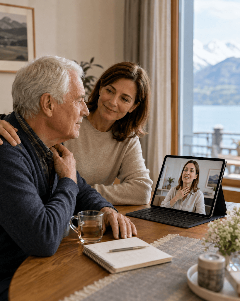 Älterer Mensch nimmt zu Hause mit Unterstützung einer angehörigen Person an einer Online-Logopädie teil (KI-generiert)