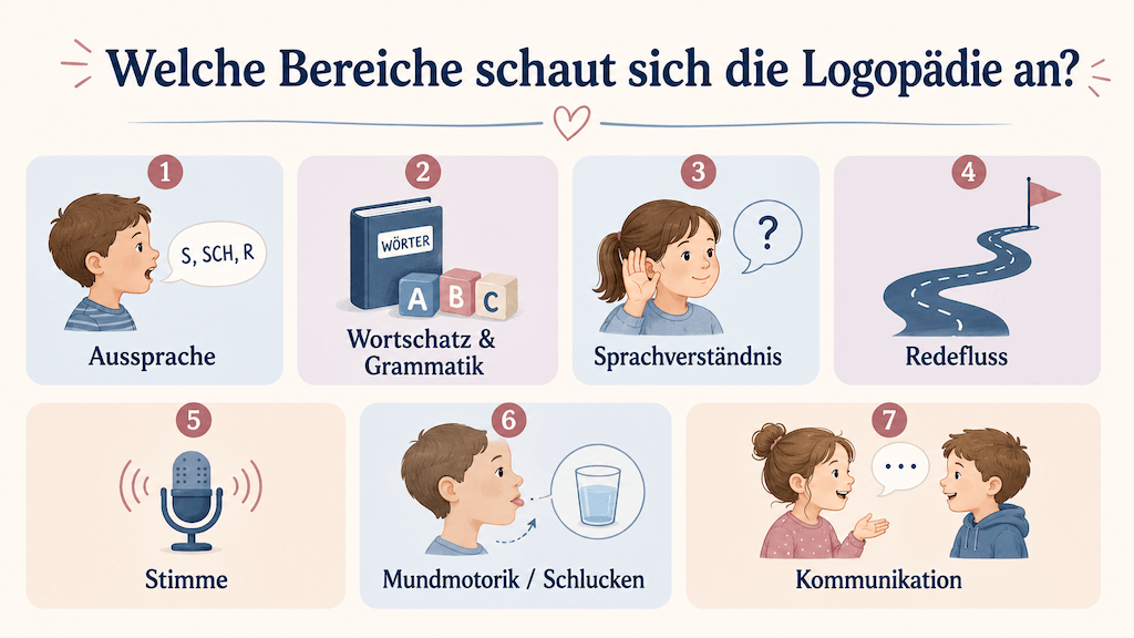 Infografik zeigt die Bereiche der Kinderlogopädie: Aussprache, Wortschatz, Grammatik, Sprachverständnis, Redefluss, Stimme und Kommunikation (KI-generiert)