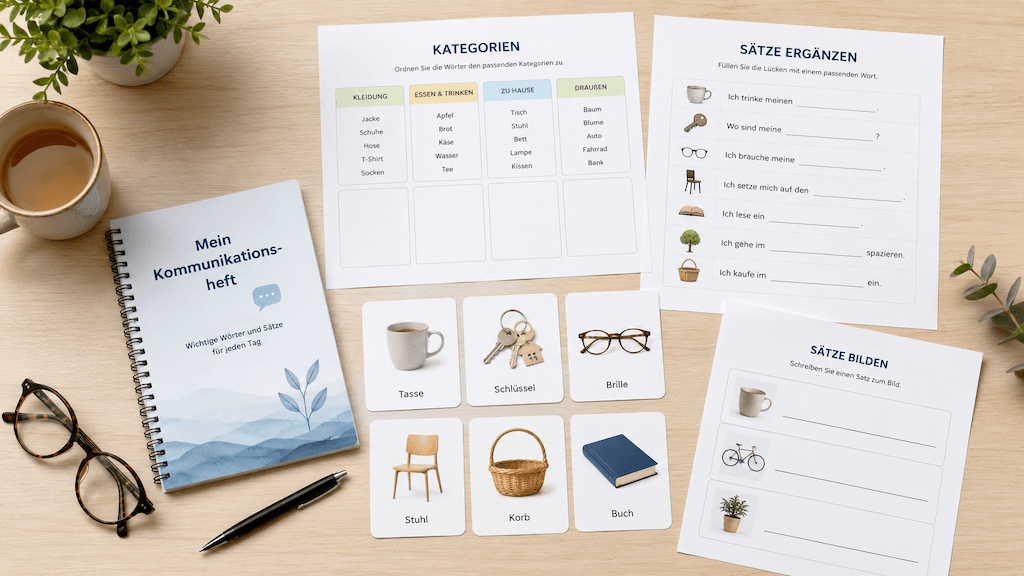 Aphasie-Übungsblätter zum Ausdrucken: Kommunikationsheft, Bildkarten, Kategorien-Blatt und Satzübungen (KI-generiert)