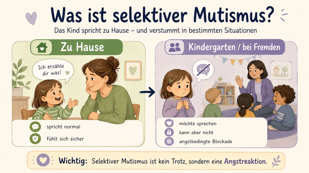 Infografik erklärt selektiven Mutismus: das Kind spricht zu Hause normal, verstummt aber in bestimmten Situationen wie dem Kindergarten (KI-generiert)