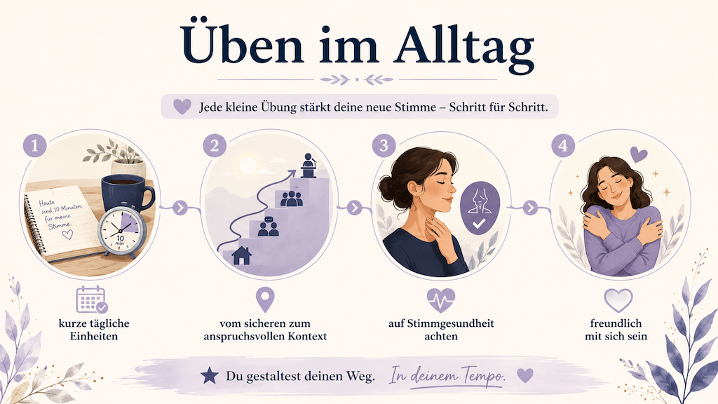 Infografik zeigt, wie kontinuierliches, freundliches Üben im Alltag die neue Stimme Schritt für Schritt festigt (KI-generiert)