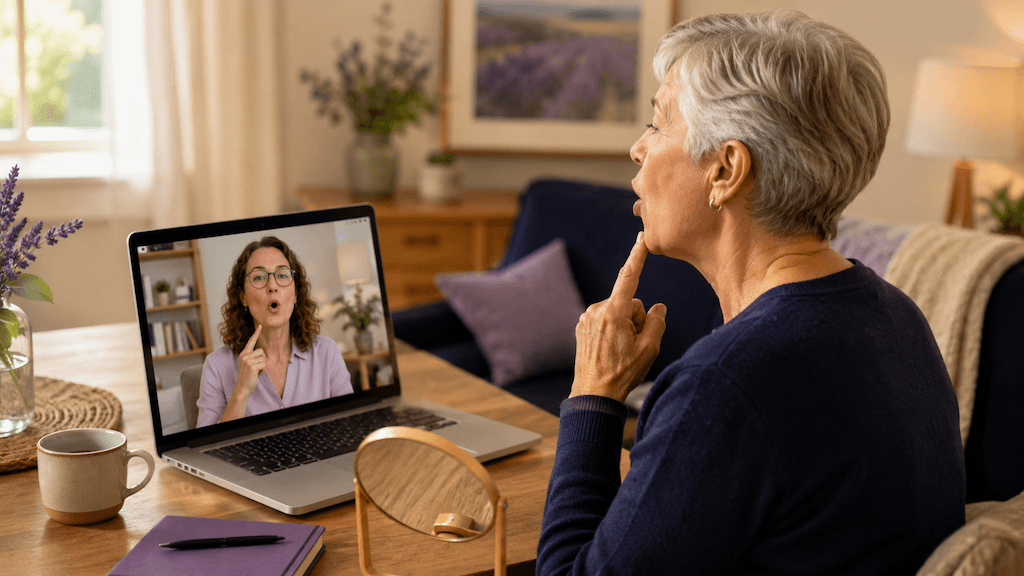 Erwachsene Person übt zu Hause in einer Online-Sitzung die Sprechbewegungen und erhält genaues Feedback von der Logopädin (KI-generiert)