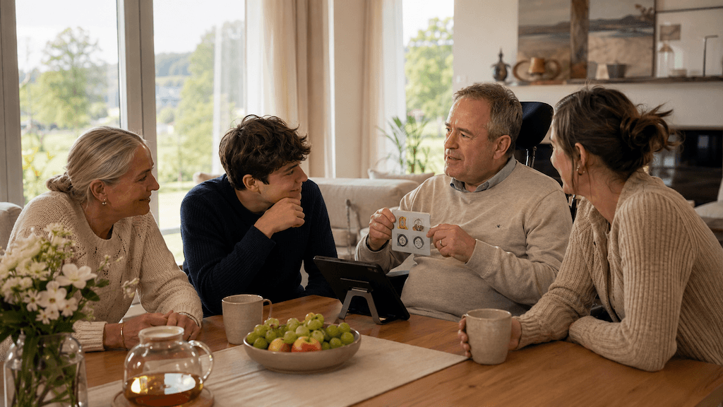 Mensch mit fortschreitender neurologischer Erkrankung nimmt aktiv am Gespräch mit der Familie teil (KI-generiert)