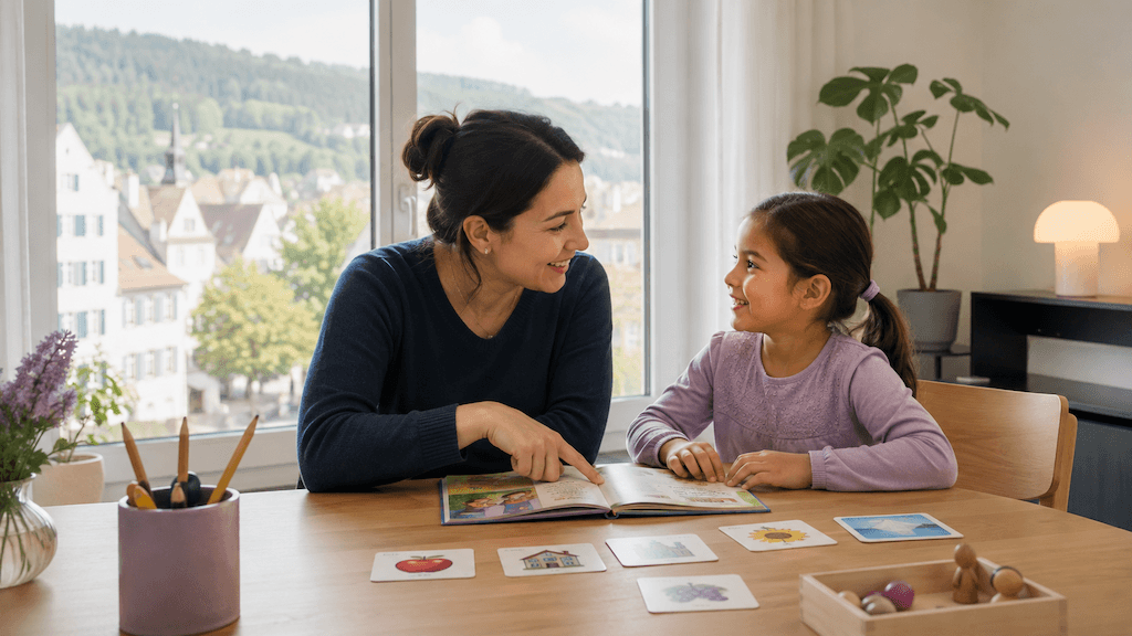 Mehrsprachiges Kind aus Aarau fördert die Sprache gemeinsam mit einem Elternteil zu Hause (KI-generiert)